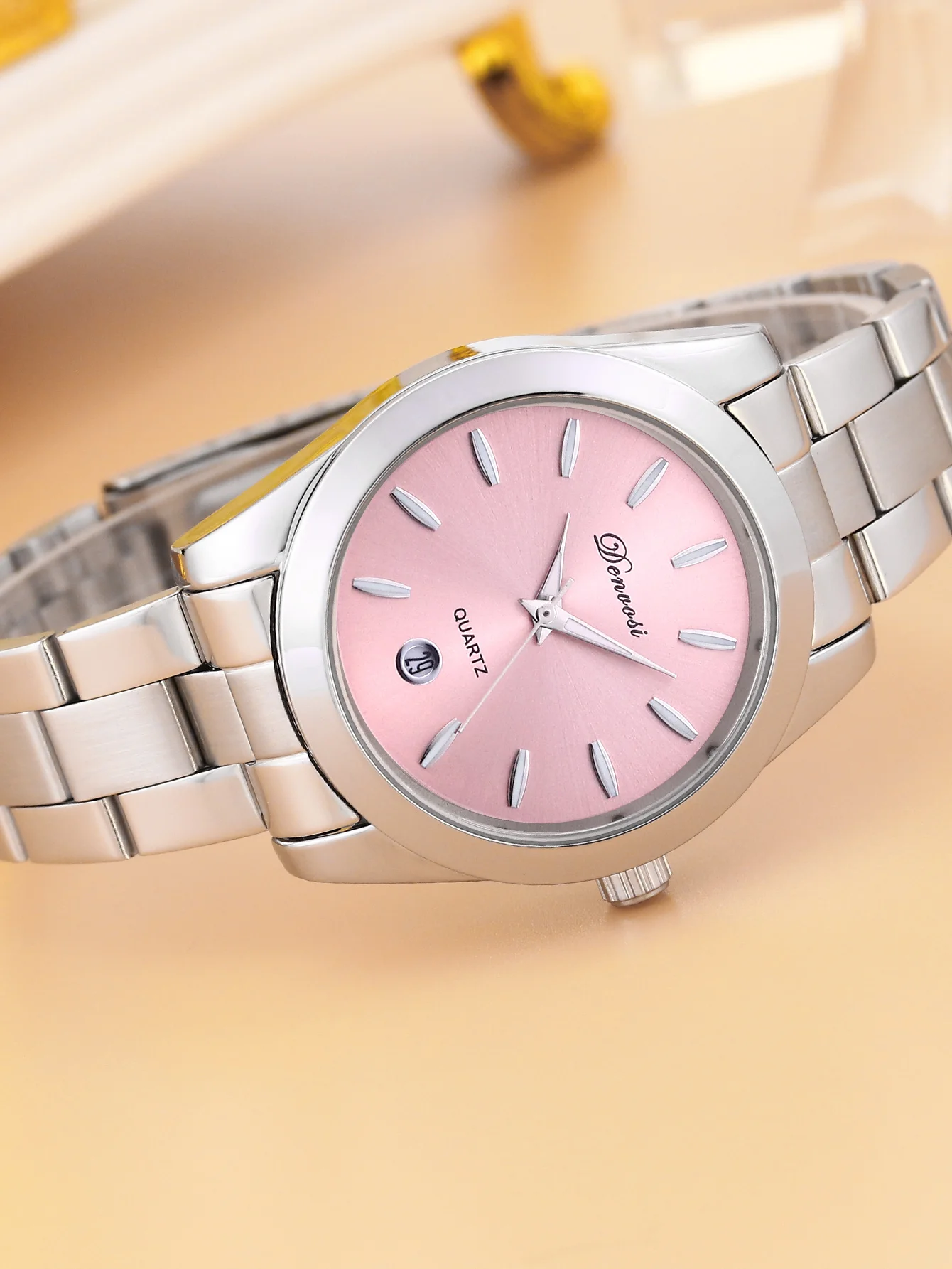 Denvosi Women’s quartz watch Fasion elegant simple Stainless steel Calendar ladies wristwatch waterproof and luminous