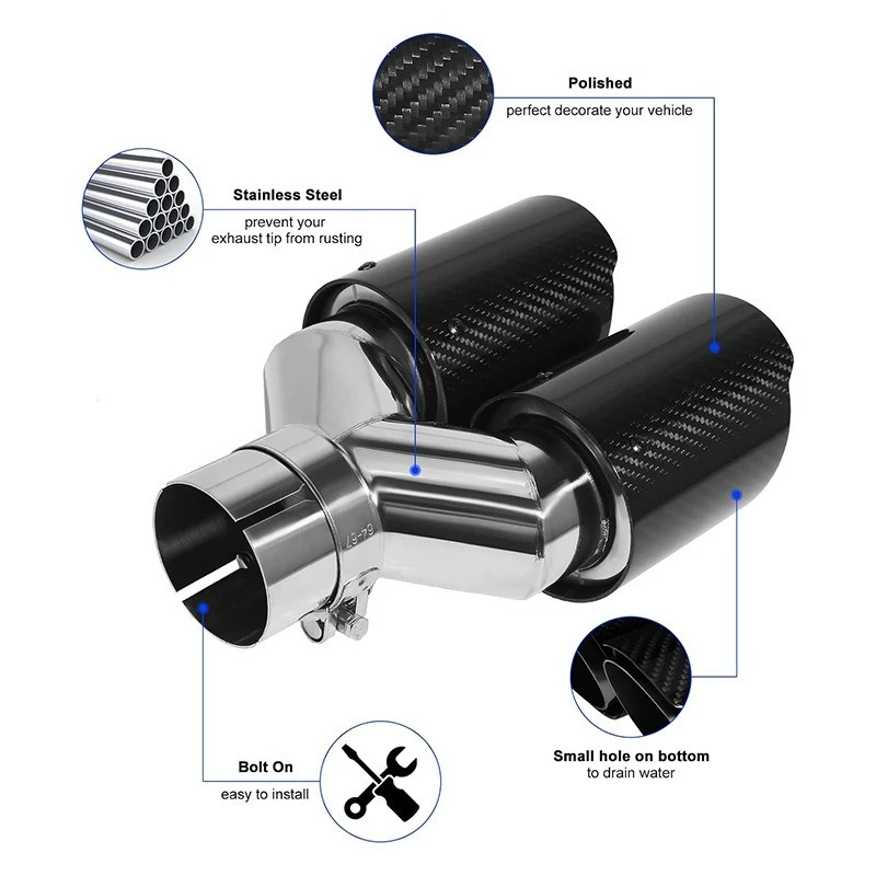 new Carbon Fiber Exhaust Pipe With Blue Burnt Stainless Steel Dual-outlet Tailpipe High Performance Stainless Steel Exhaust