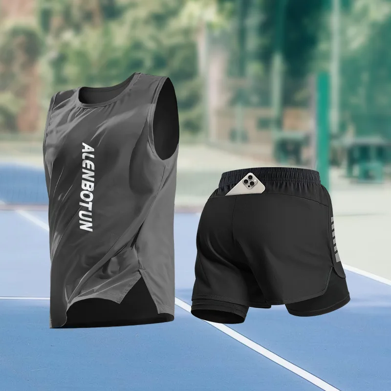 Conjunto esportivo masculino para corrida, verão, nova chegada, treinamento de maratona, roupas fitness, profissional, secagem rápida, regata e short 