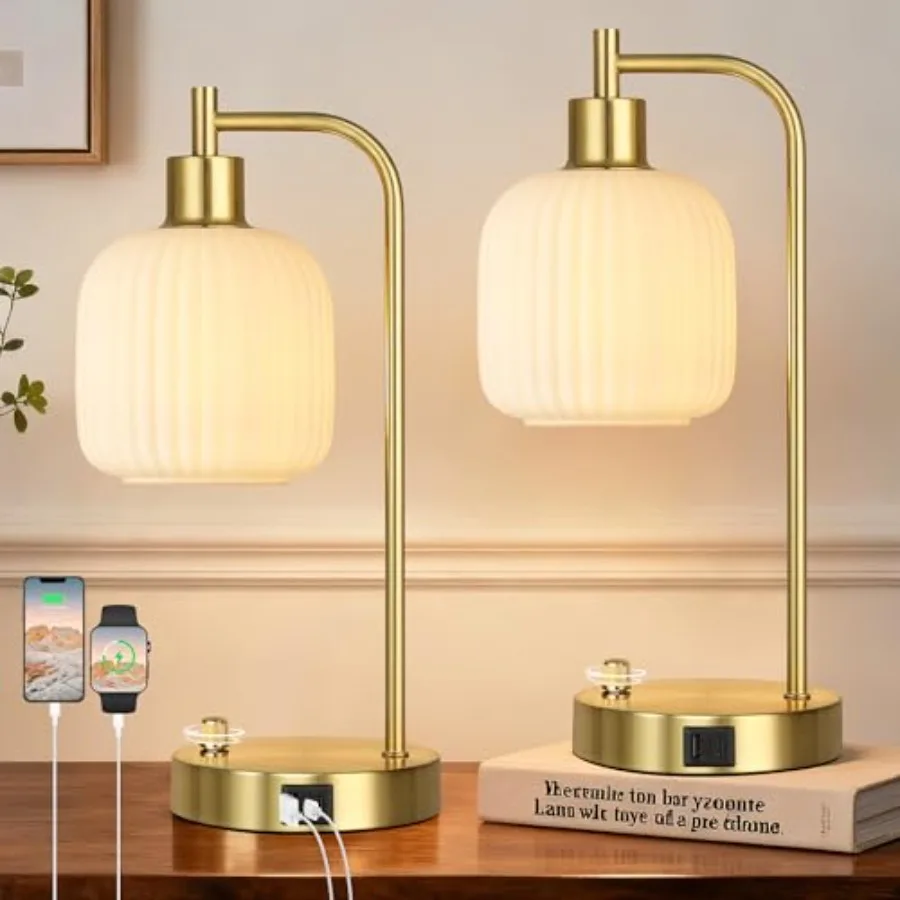 

Industrial Table Lamp for Bedroom Set of 2 Cream Glass Beside Lamp with USB AandC Ports Stepless Dimmable Gold Lamps Nightstand
