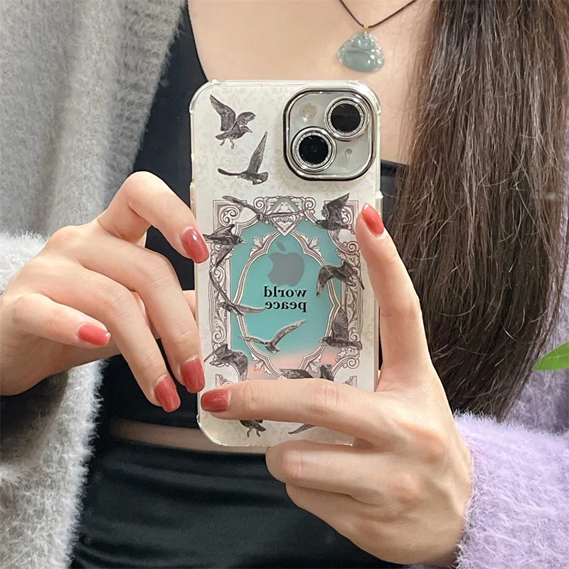 Fashion Cute Pigeon Laser Phone Case For iPhone 15 Pro 11 12 13 14 Pro Max Cover with Camera Protector Silicone Cases Women Capa