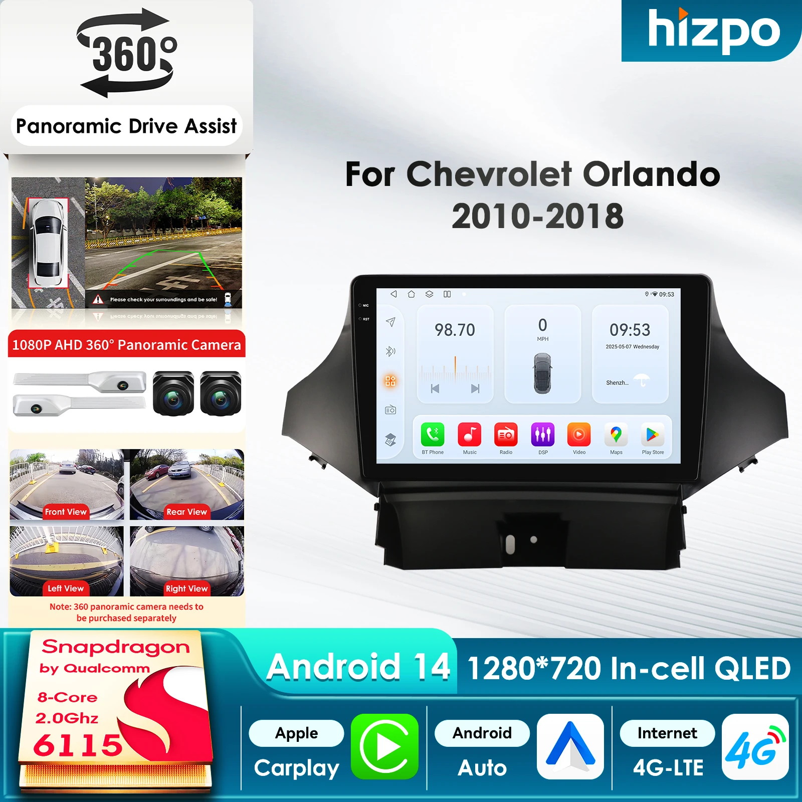 

Автомагнитола Hizpo 2Din с камерой 360° и Android для Chevrolet Orlando 2010-2018, Carplay, 4G, AI