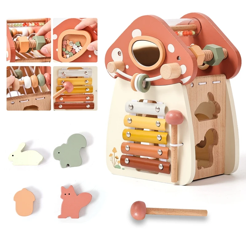 

Baby Montessori Toy Wooden Five-in-one Mushroom Castle Stacking Puzzle Toy Kid Houses Blocks Early Childhood Education Game Gift