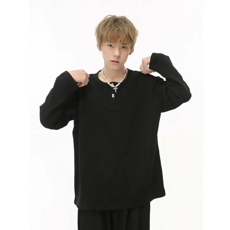 [OIMG] 2025 Autumn New Product Simple Metal Buckle Half Open Round Collar Pullover Loose T-shirt