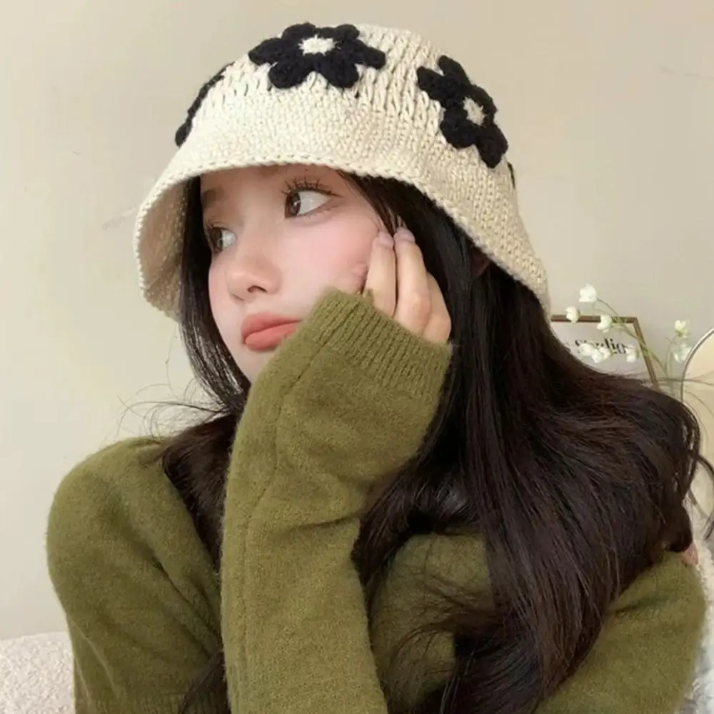 لطيف اليدوية زهرة الكروشيه محبوك قبعة الحلو الكورية نمط دلو قبعة لطيف المرأة صياد قبعة الخريف والشتاء