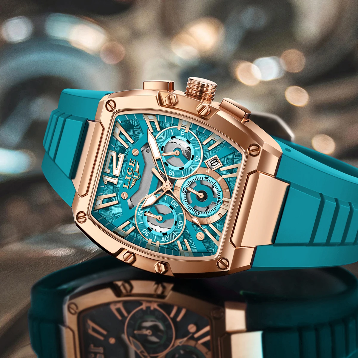 LIGE Men's watches Fashion Square Military Sport Waterproof Silicone Men‘s Quartz Top clock Luminous Chronograph mens wristwatch