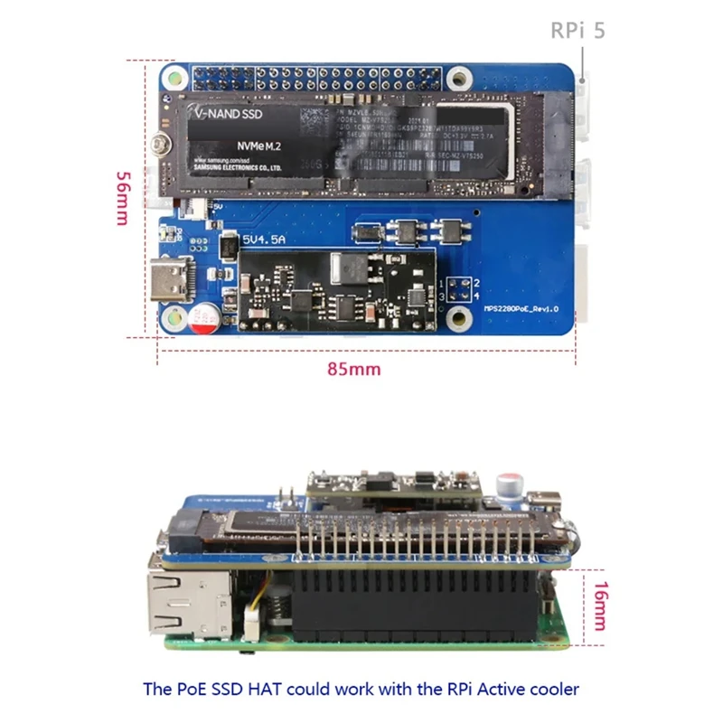 Raspberry Pi5 Poe PCIE to NVME SSD HAT 지지대, 2230 2242/2280 SSD 지지대, 5V4.5A 출력, 내구성 있고 사용하기 쉬움, MPS2280