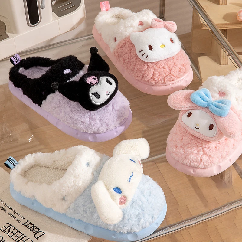 Kawaii Sanrio Hello Kitty Winter Plush Non Slip Slippers Anime Cute Kuromi Cinnamoroll Yk2 Women Home Fuzzy Slipper Flat Shoes