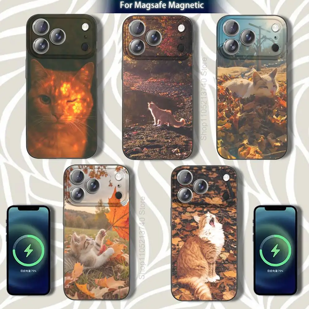 

cute cat A-Autumn L-leaves For iPhone 17,12,11,14,13,15,16,Plus,Air,Pro,Max,E,Mini for Magsafe Magnetic Frosted Grey Phone Case