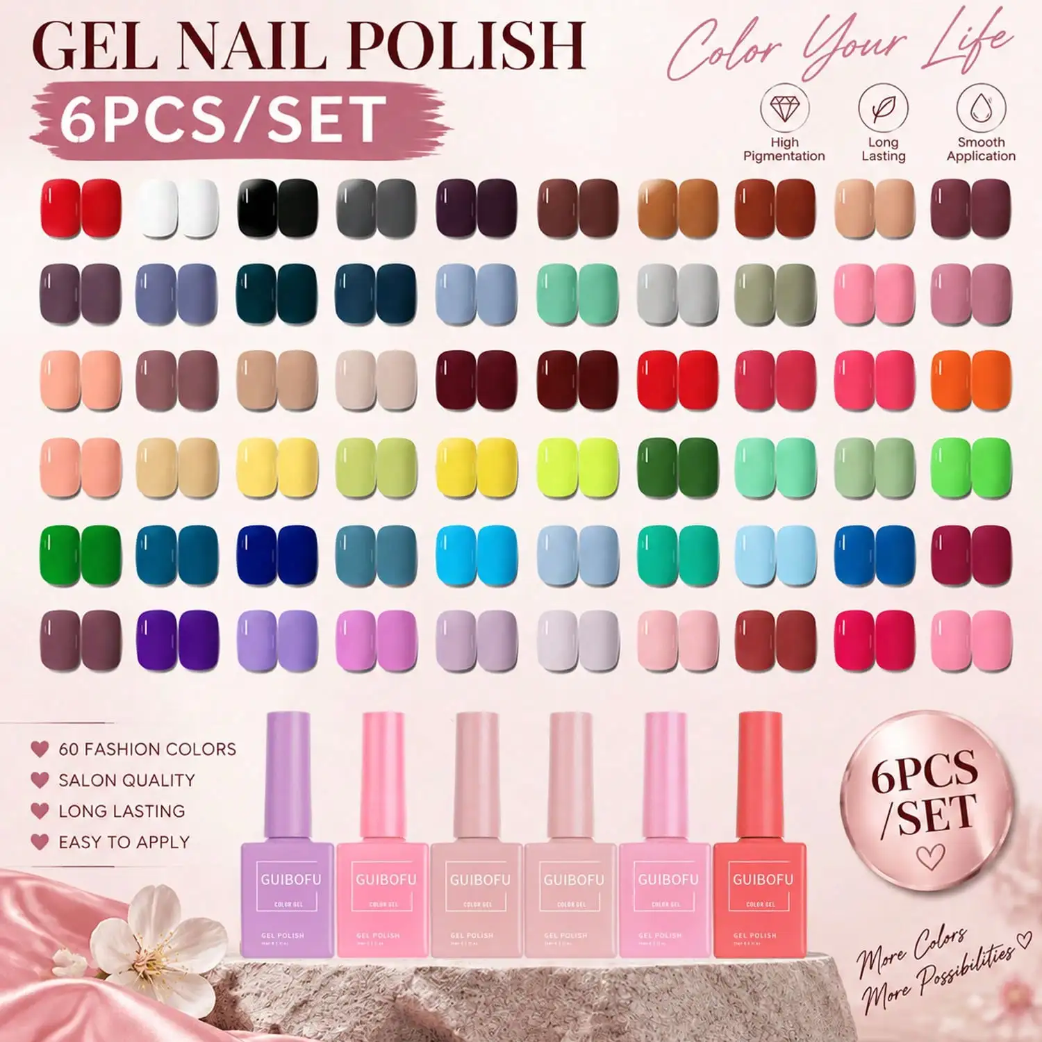 6 Colors Gel Nail Polish Set with Color-Matched Bottles,Spring Fall Winter Summer Nail Art for Women,Home DIY Manicure