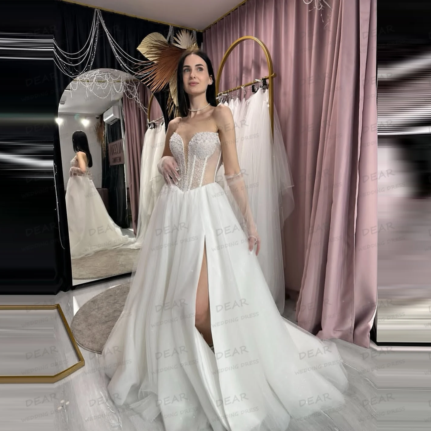 Luxury Shiny Sequined Wedding Dresses A Line Women's Sexy Sweetheart Lace Bride Gowns Fluffy Split Vestidos De Novia Customized