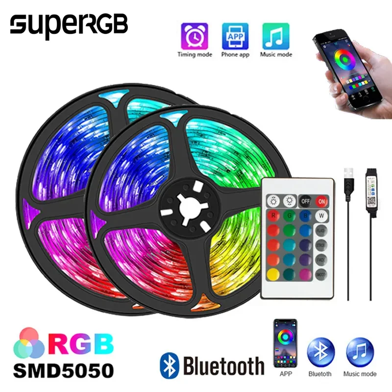 Lampu setrip LED RGB, kontrol aplikasi lampu berubah warna dekorasi kamar Bluetooth TV SMD5050 RGB pita pencahayaan pesta Natal