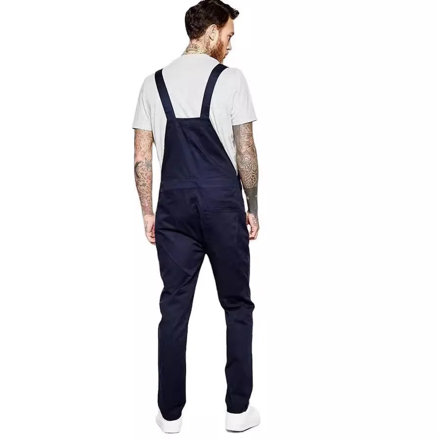 2024 New Men's Solid Fashion Pockets Denim Bib Overalls Loose Suspender Jeans Trousers Male Daily Classic Casual Jumpsuit