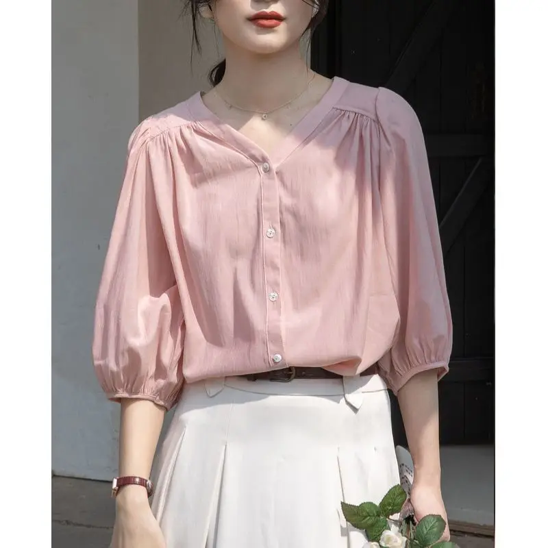 

Women's V-neck Chiffon Blouses Summer New Minimalist Commute Solid Color Single-breasted Spliced Ruched Half Sleeve Chic Shirts