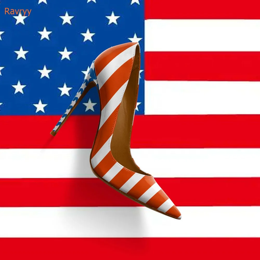 American Flag Prints Thin Heels Shoes Pointed Toe Patent Leather Women Shoes Slip On Pumps Shallow Party Fashion Shoes