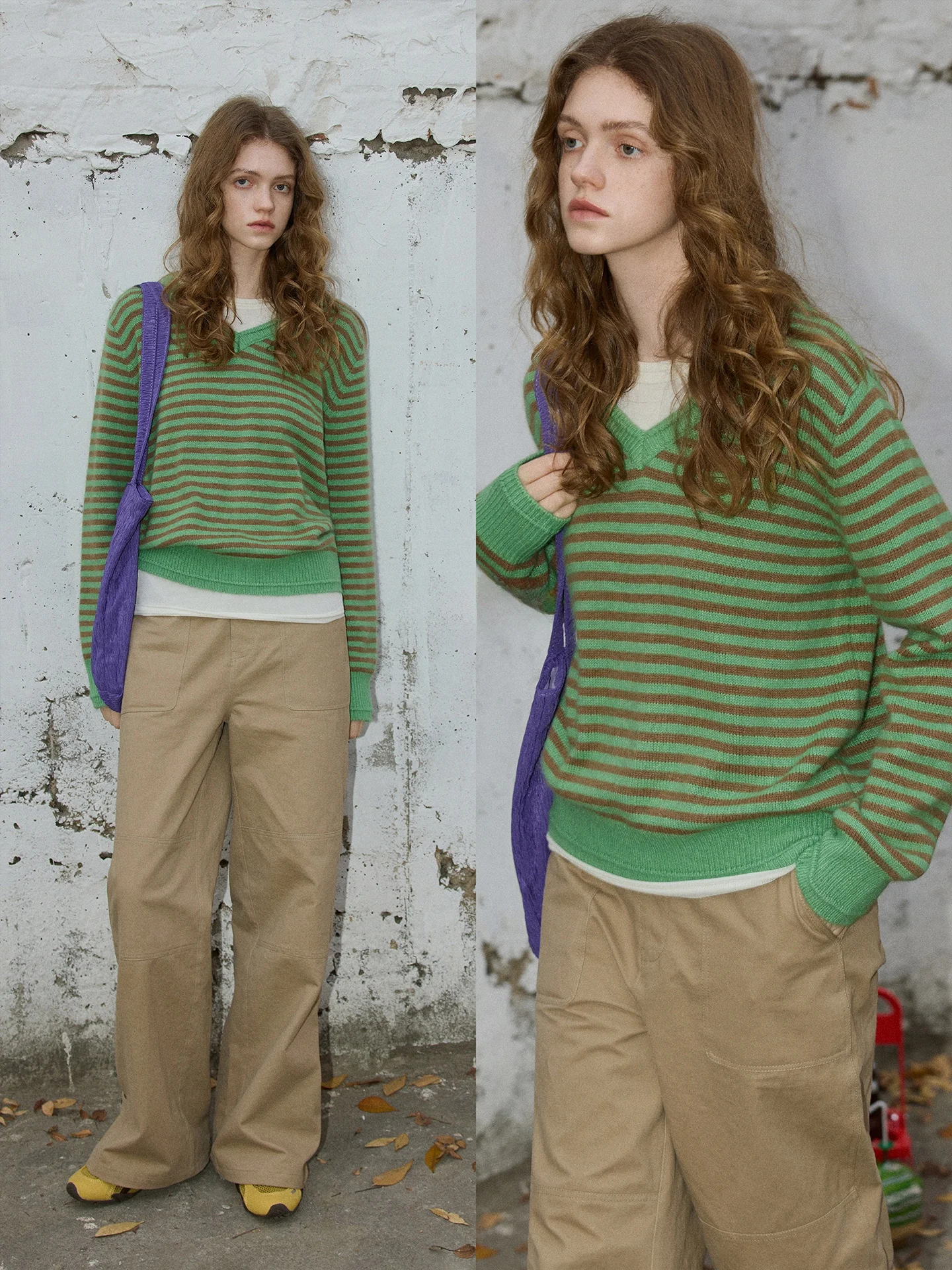 

BMLT Women's V-Ne Knitwear Wool Blend Long Sve Sweater Striped Color Blo Casual Loose Fit Korean Sle Winter Warmth