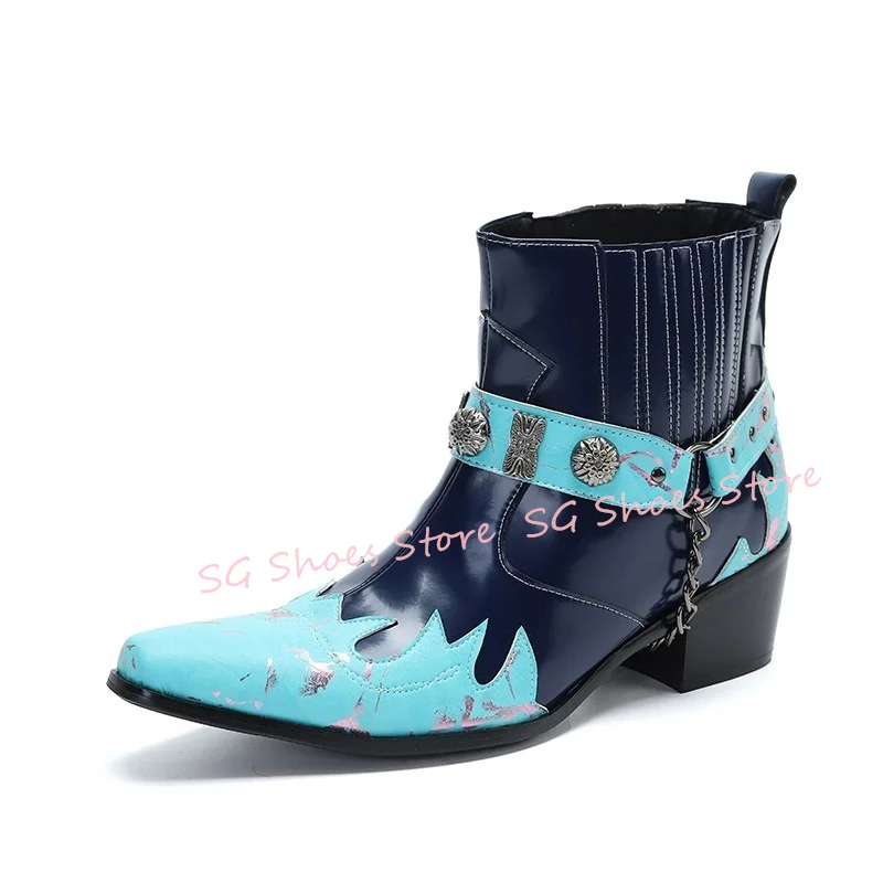 

Mixed Color Genuine Leather Chelsea Boots for Men Punk Rivet Belt Buckle Ankle Western Cowboys Boots Male Outside Casual Shoes