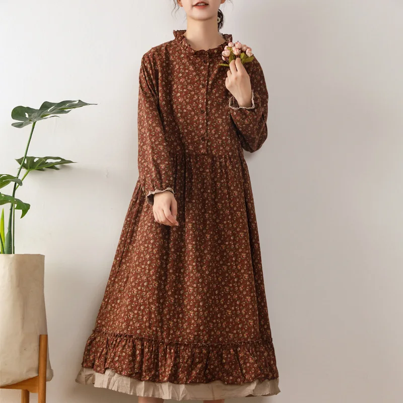 Autumn Summer Dress Sweet Little Fresh Round Collar Double-layer Loose Floral Long-sleeved Dress Women Clothing