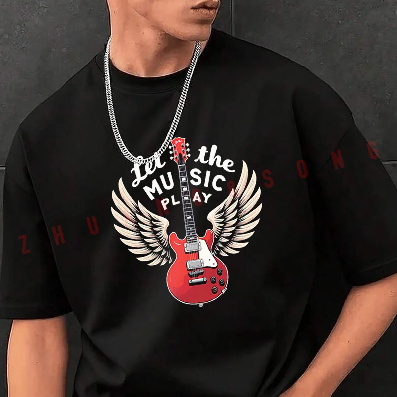 

Let The Music Play Guitar Men's Fashion T-shirt Casual Trendy Tshirts For Summer Comfortable Short Sleeve Tops