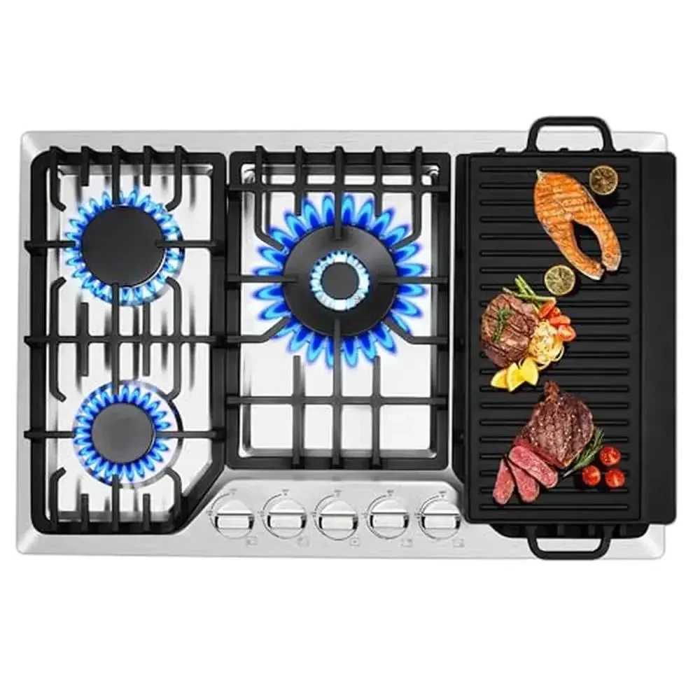 30 Inch Gas Cooktop with 5 Sabaf Burners High Efficiency 48300BTU Max 304 Stainless Steel Griddle Top CSA Certified Heavy Duty