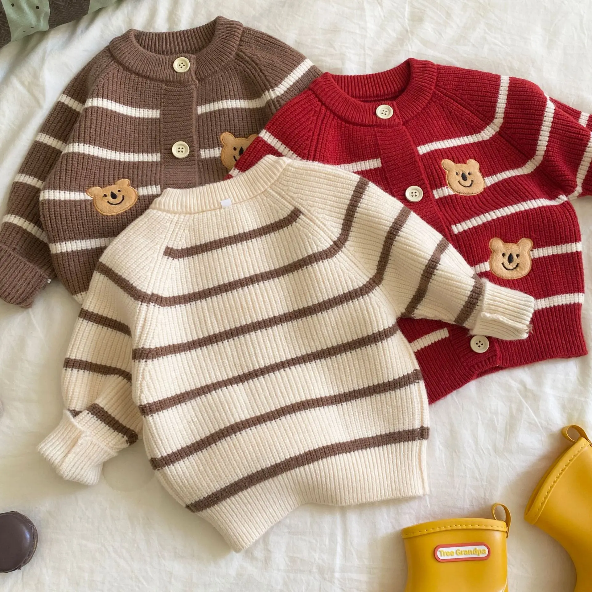 Korean Version Autumn and Winter Teddy Bear Embroidered Sweater Set Baby Boy Handsome Striped Cardigan New Versatile 2 Piece Set