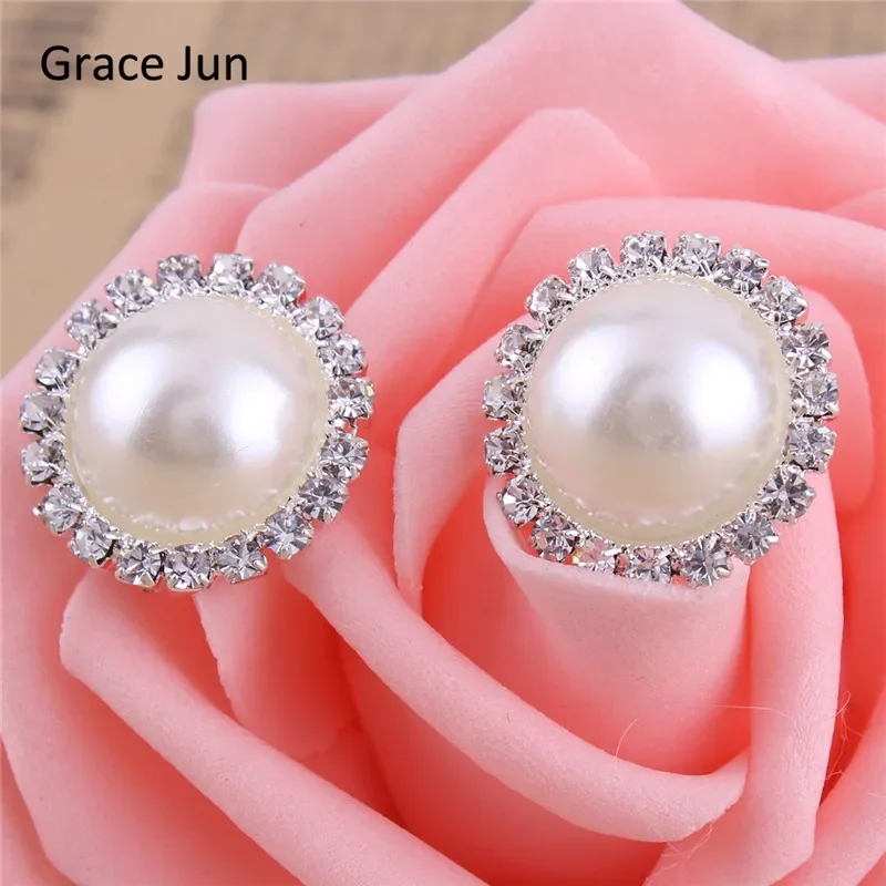 Grace Jun New Design Double Round Shape Rhinestone Clip on Earrings Without Piercing Fashion Simulated Pearl Ear Clip