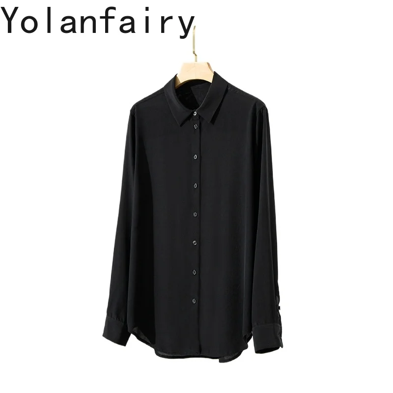 

YOLANFAIRY High Quality 100% Real Mulberry Silk Shirts Woman Spring Autumn 2026 Elegant Long Sleeve Shirt OL Tops Black Blouse
