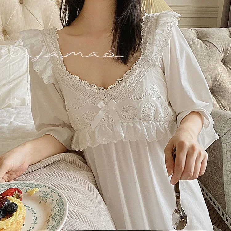 Vintage Sweet Princess Style Nightdress Summer Short Sleeve Lace Court Pajamas Home Wear Sweet Sleepwear Outside image 4