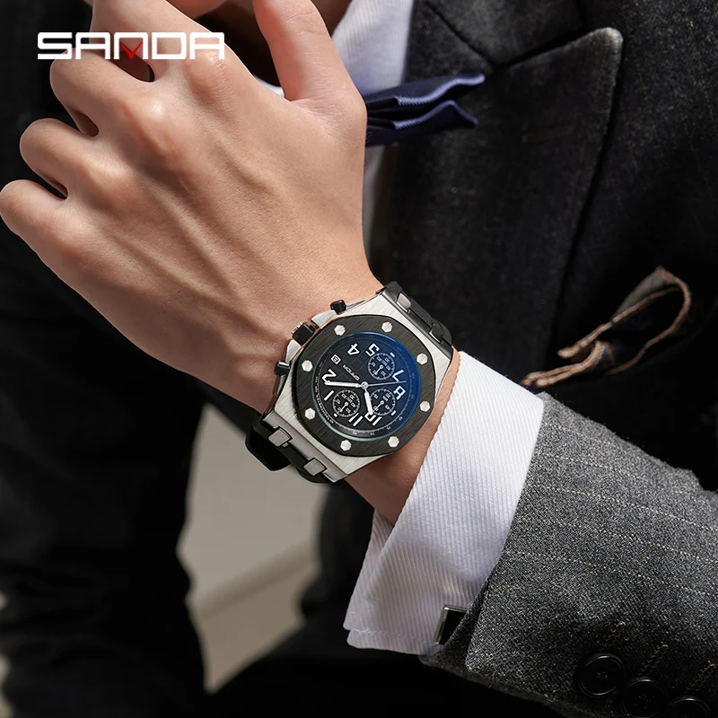 Fashion Sanda Top Brand Business Quartz Men Watch New Hot Selling Sport Luxury Three Eyes Six Needle Dial Waterproof Luminous