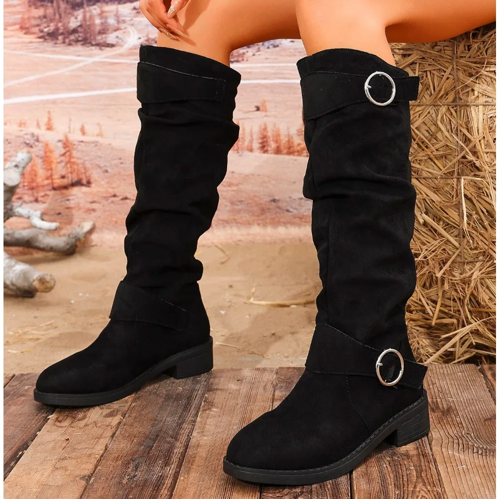 2026Women's Knee-high Boots Retro Suede Casual Long Boots Stacked Design Women's Boots Fashion Knight Boot Botines Para Mujeres