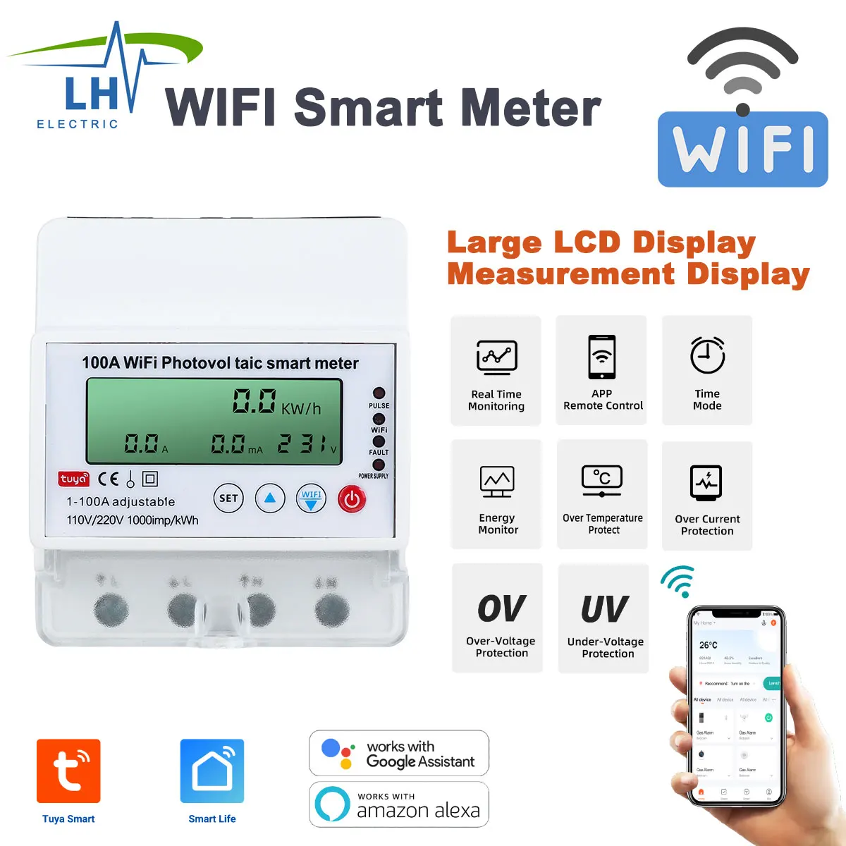 4P Tuya WiFi single-phase 100A Bi-directional Smart energy metering over-under voltage intelligent leakage protection Smart Life