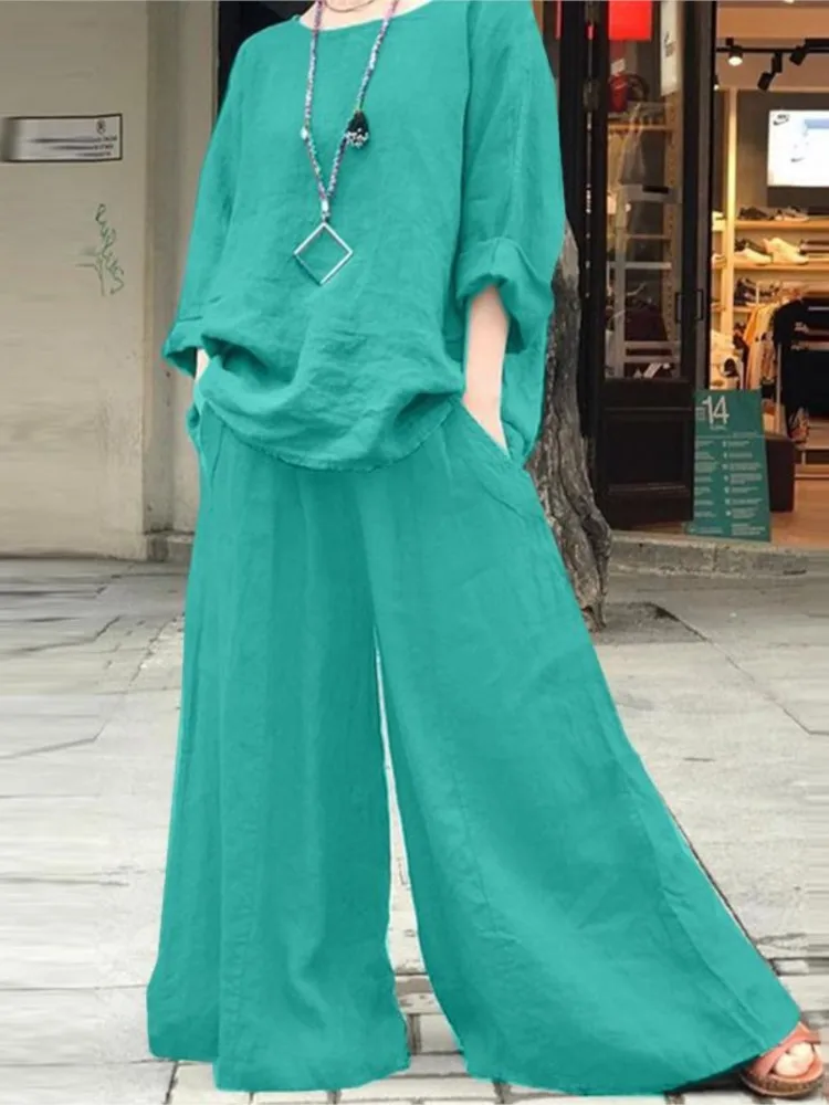 Casual Vintage Solid Color Pants Sets Women Loose Long Sleeve T Shirt Wide Legs Trousers Two Piece Set Female Spring Autumn New