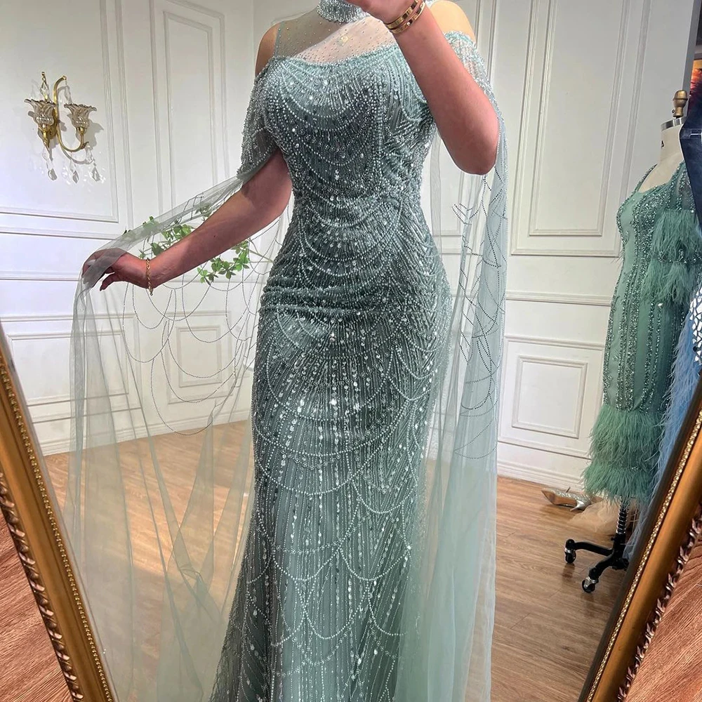 2024 Evening Dress Mermaid Luxury Arabic Cape Sleeve Beaded Pearls Sequined Long Formal Wedding Party Prom Gowns Vestido De Gala