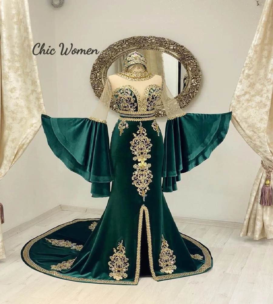 Turkish Kaftan Albanian Evening Dress Green Velvet Mermaid Moroccan Prom Dress With Lace Flare Sleeves Middle Eastern Ottoman