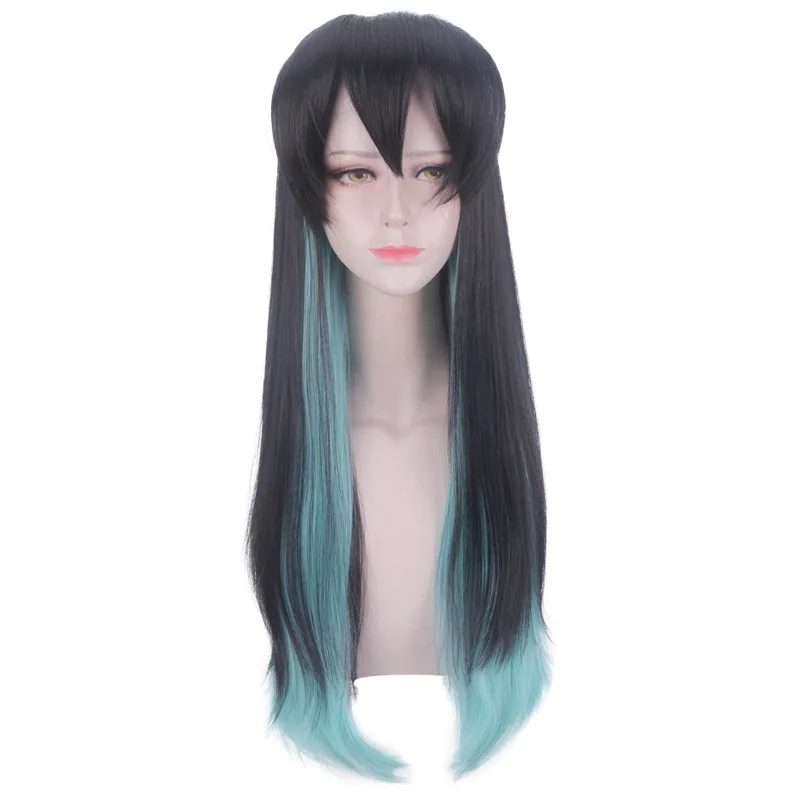 Anime Demon Slayer Cosplay Wig, Tokitou Muichirou, Heat Resistant, Synthetic, Black Hair, Long Wigs, 80cm