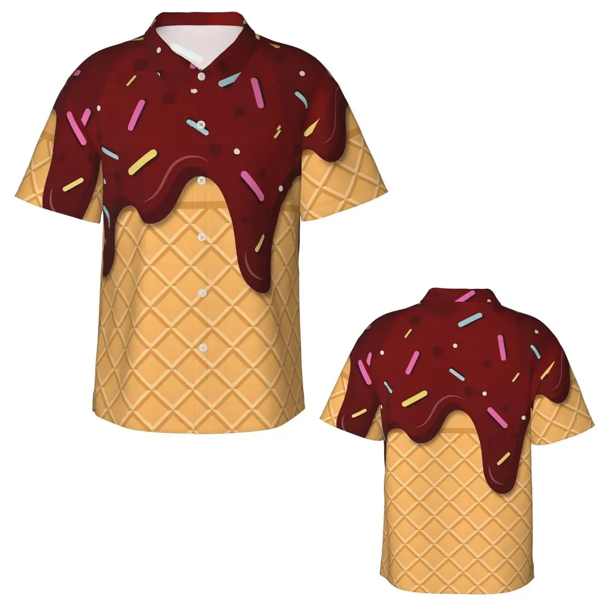 Ice Cream Waffle With Chocolate Hawaiian Shirts Fashion Men Short Sleeve Shirt for Summer Beach Men's Lapel Tops