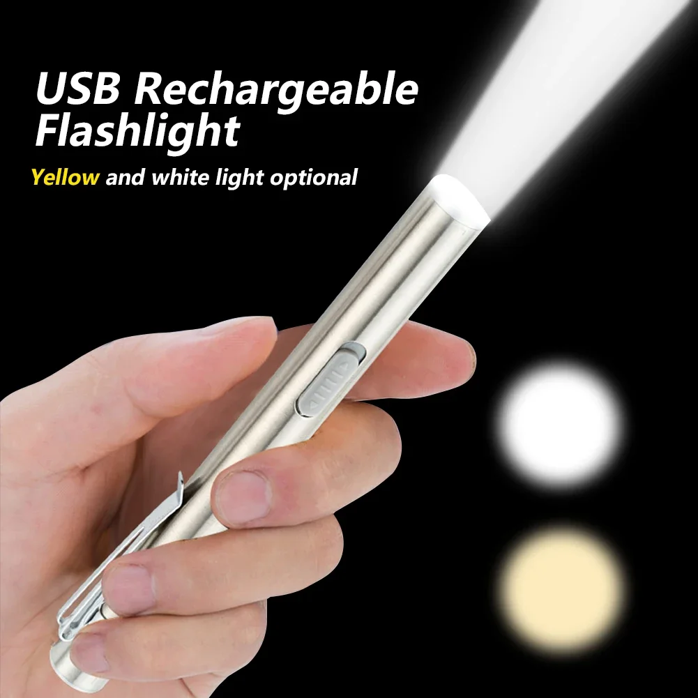 Mini Portable Medical Handy LED Pen Light Flashlight USB Rechargeable Dentist Nurse Torch with Stainless Steel Clip