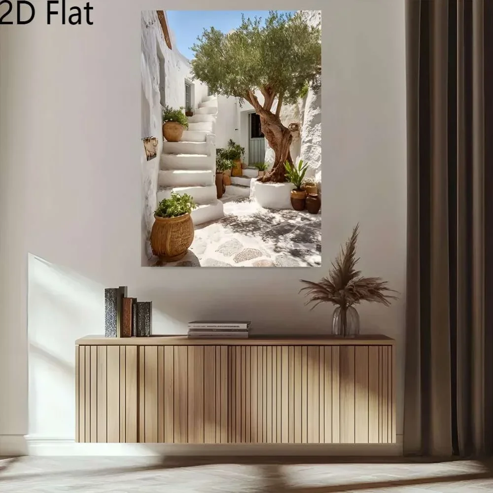 Frameless Canvas Painting Frameless Canvas Art Depicting A Sunlit Mediterranean Courtyard With An Olive Tree, Ideal For Decorati
