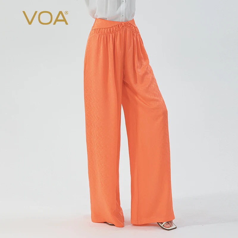 22 Momme Jacquard Mulberry Silk Orange Trousers Elastic Waist Office Ladies Floor Length Wide Leg Pants Women Summer KE796