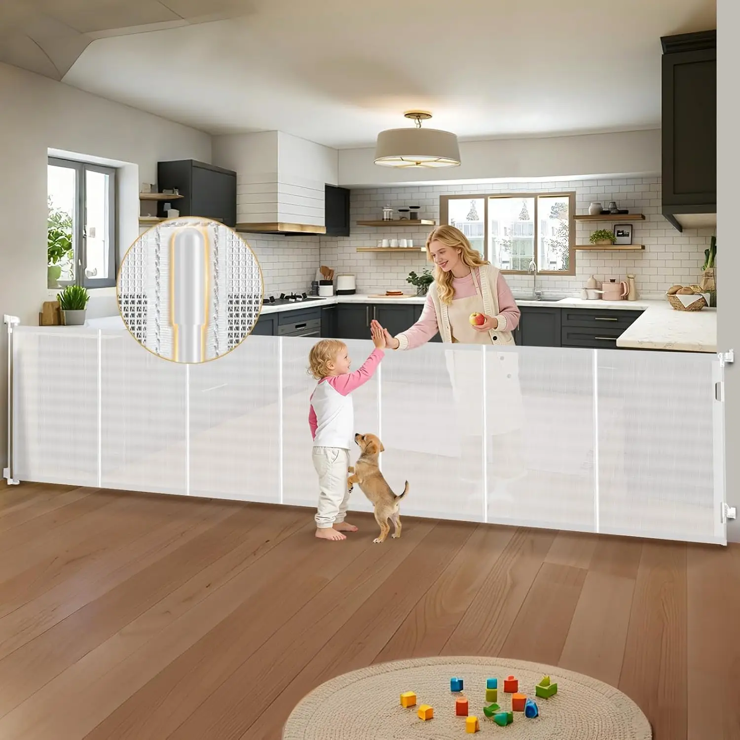 Retractable Baby Gates Extra Wide 200 Inch 42 Inch Tall Mesh Pet Barrier Reinforcement Rods Hardware Mounted Safety Gate Large O