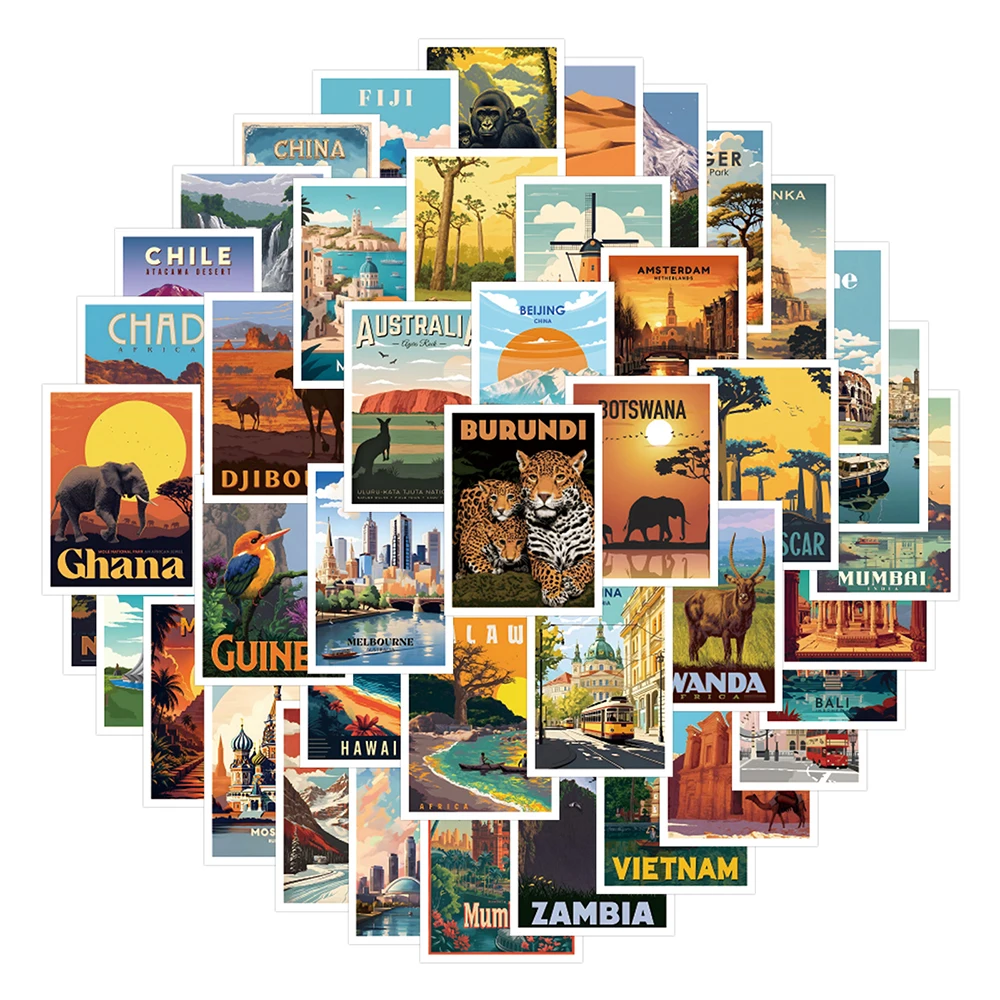 

10/30/68pcs Cartoon World Travel Landscape Stickers Funny Graffiti Sticker DIY Suitcase Phone Case Guitar Waterproof Decals Pack