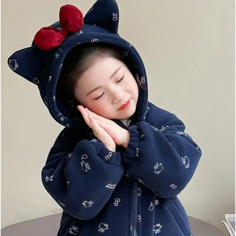 

Girls' Hello Kitty Thick Hoodie 2Pcs Winter New Style Children's Cartoon Anime Fashion Warm Sportswear Set Sweet Comfort Clothe