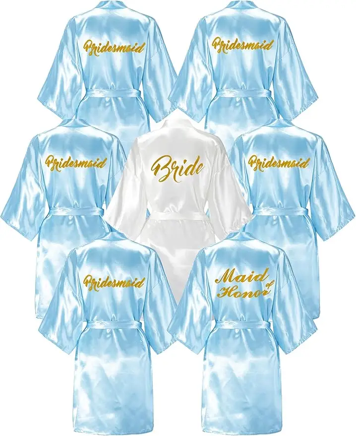 7 Pcs Bride Bridesmaid Robes for Wedding Bridal Party Women Short Silky Satin Robe Kimono with Gold Glitters