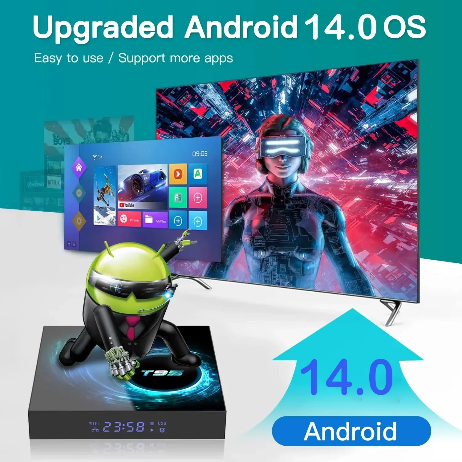 T95 Smart TV Box Android14 ATV Ultra HD 8K Allwinner H616 2.4G&5GWifi BT5.4 Google Media Player رباعي النواة Set Top Box 64GB 128GB