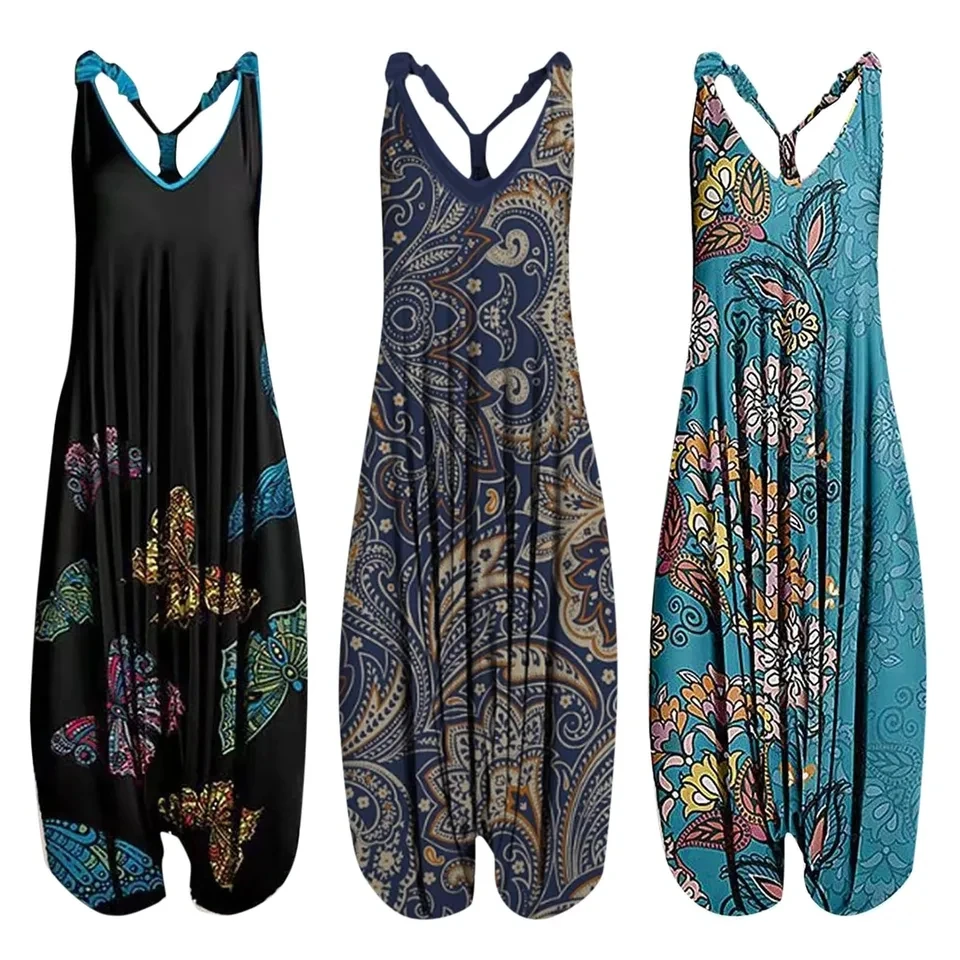 

Large Size Jumpsuit Womens Vintage Printed Harem Bloomers Rompers Straps V Neck Sleeveless Overalls Casual Backless Playsuit