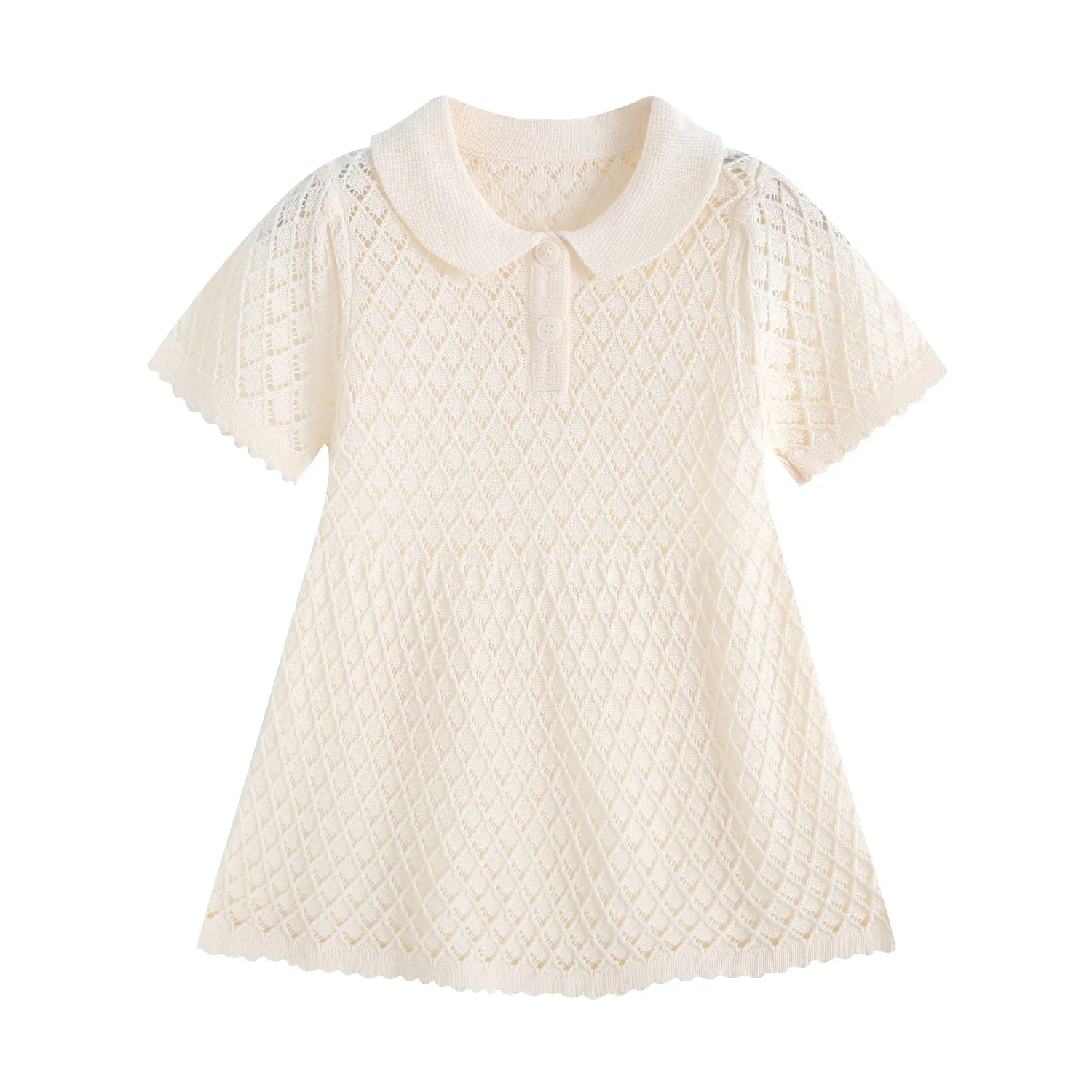 Girls' thin knitted dress, summer new style, lapel short sleeved hollow soft and sticky waist princess skirt