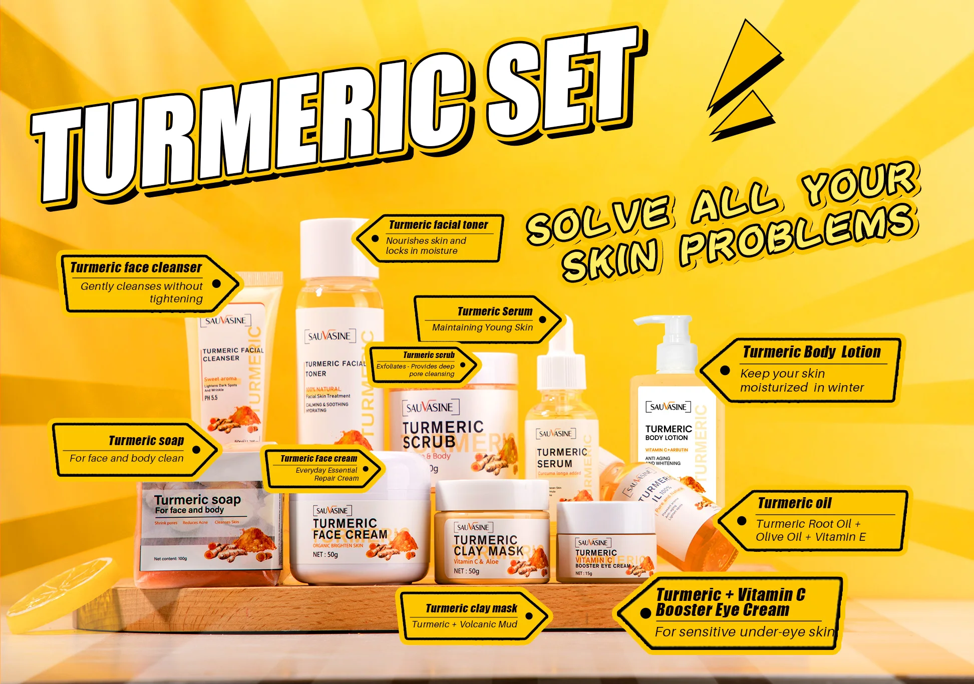 Professional Turmeric 10 Sets Whitening Moisturizing Brightening Serum Cream Remove Acne Lighten Dark Spots Anti Aging Cleansing