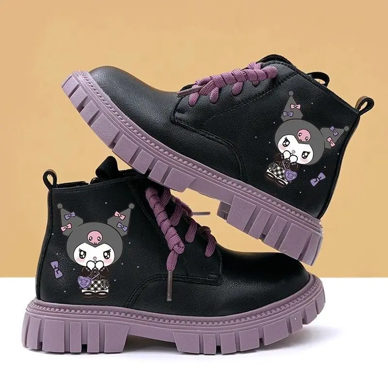 Sanrios Girl Cotton Boots Kuromi Child Autumn Winter Plus Velvet Cotton Boots Soft Bottom Kawaii Genuine Leather Single Boots