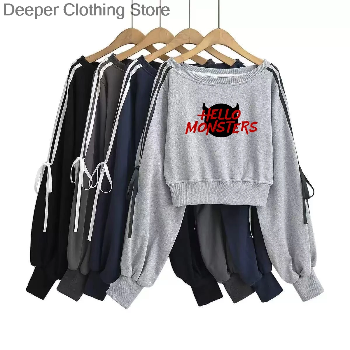 سترة Babymonster HELLO MONSTERS بغطاء للرأس مخططة أمريكية 100% قطن بكتف واحد سترة نسائية للحفلات الموسيقية بنفس النمط ملابس y2k