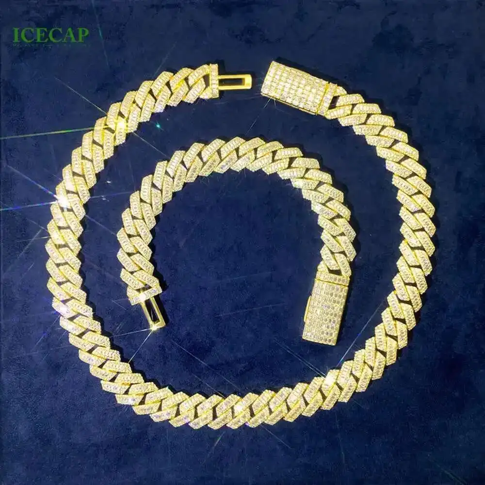 

Fine Jewelry Bracelet Necklace 15 Mm Gold Plated Baguette Round Moissanite Jewelry Set Hip-hop Cuban Chains